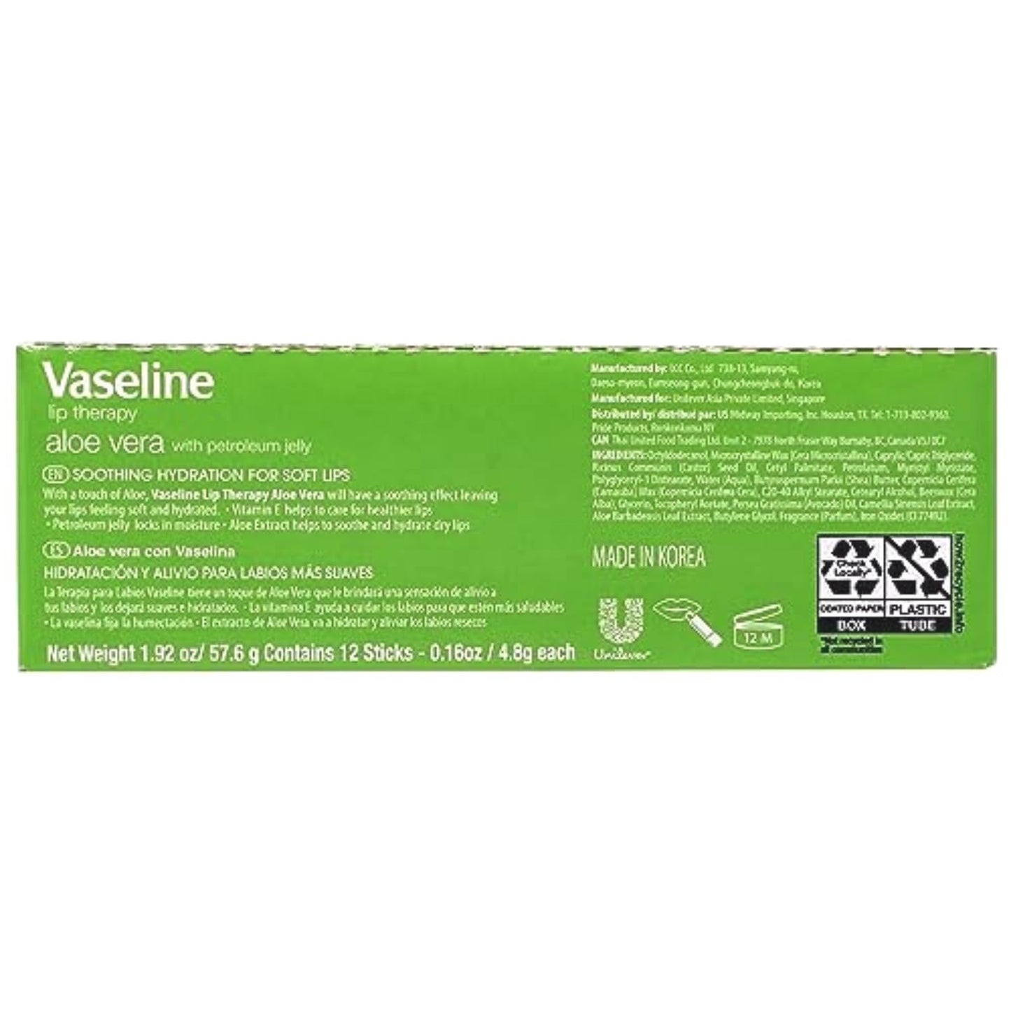 Vaseline Lip w/o Backer Card Aloe - 12 pack box