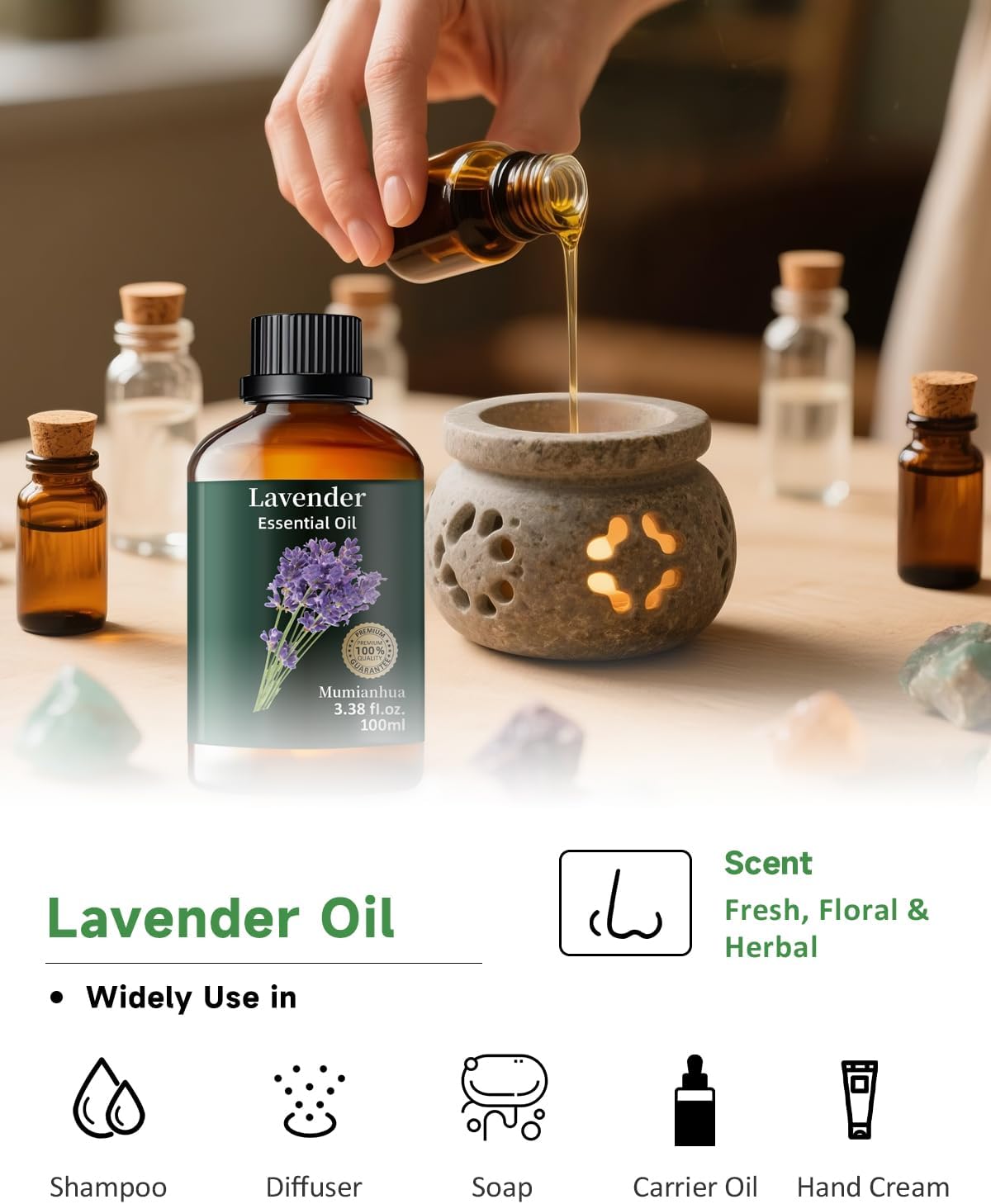 Mumianhua Lavender Essential Oil 100% Pure - Therapeutic Grade Natural Lavender Oil Bulk for Aromatherapy Diffuser, Humidifier, Laundry, Skin & Hair Care, Candle Making,Relaxation 3.38 Fl Oz