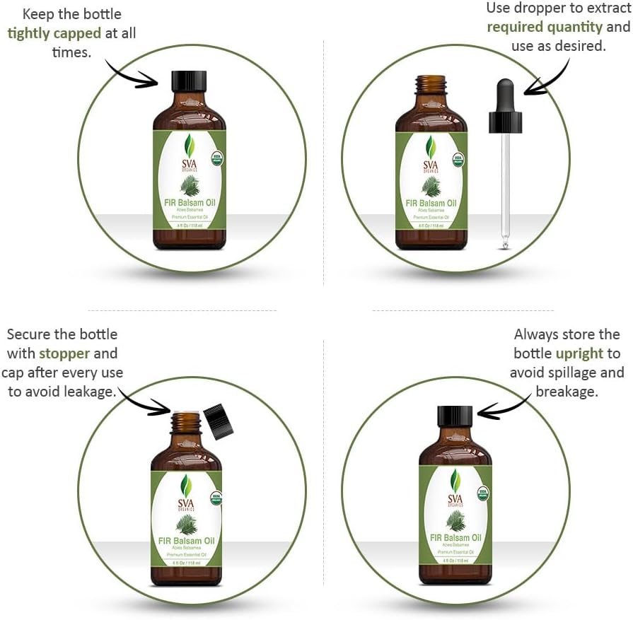 SVA Fir Balsam Essential Oil Organic – 4 Fl Oz – 100% Natural Organic Fir Oil - for Diffuser, Hair Care, Face, Skin Care, Aromatherapy, Scalp and Body Massage, Soap and Candle Making – with Dropper