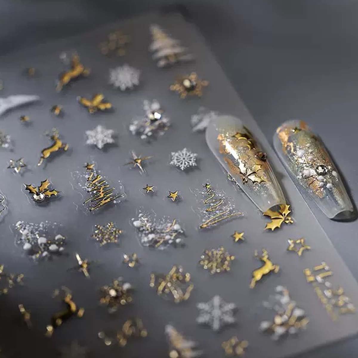 Gold Christmas Nail Art Stickers 5D Embossed Xmas Nail Art Decals Xmas Tree Nail Sticker Self-Adhesive Snowflake Elk Rhinestone Nail Decals for Women Winter Nail Supplies Manicure DIY