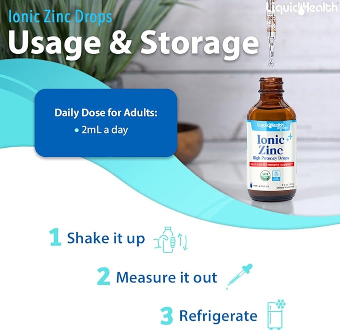 LIQUIDHEALTH Ionic Zinc High Potency Drops, Pure Zinc Trace Mineral Liquid Vitamin Supplement for Adults & Kids Over 4 - Immune Boosting, Digestive Support, Skin & Wound Health - Vegan, Non-GMO (2 oz)