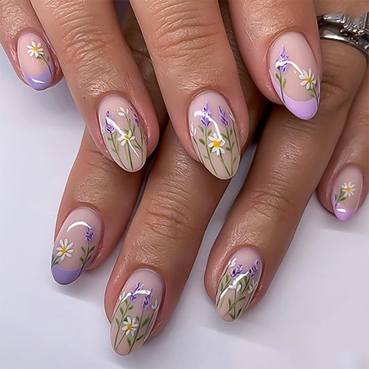French Short Press On Nails Almond, Nude Fake Nails with Blue French Tip and Delicate Botanical Design, Glossy Gel Finish Acrylic Nails, Natural Reusable Glue On Nails Kit for Women, Serene Garden