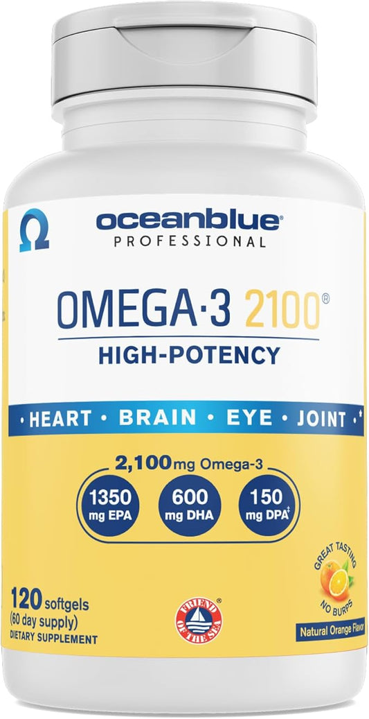 OceanBlue Professional Omega-3 2100-60 Count - High-Potency Triple Strength Burpless Fish Oil Supplement with EPA, DHA & DPA - Orange Flavor, 30 Servings