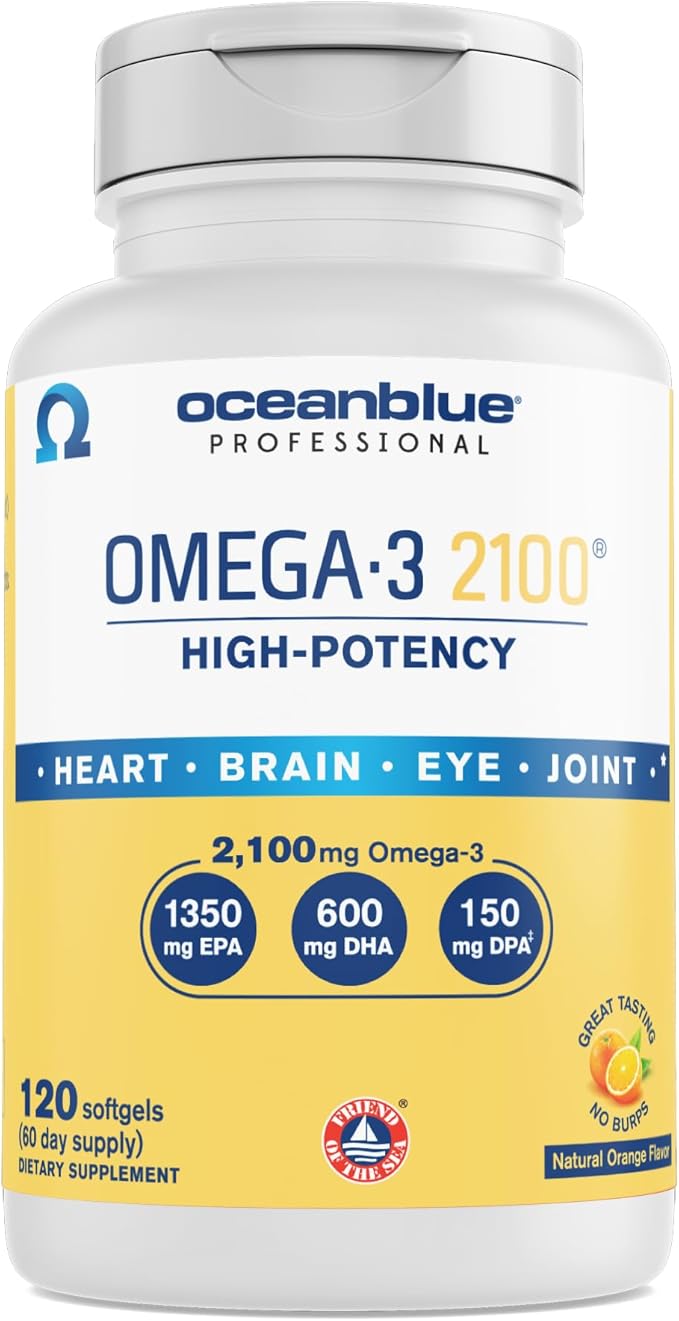 OceanBlue Professional Omega-3 2100-60 Count - High-Potency Triple Strength Burpless Fish Oil Supplement with EPA, DHA & DPA - Orange Flavor, 30 Servings