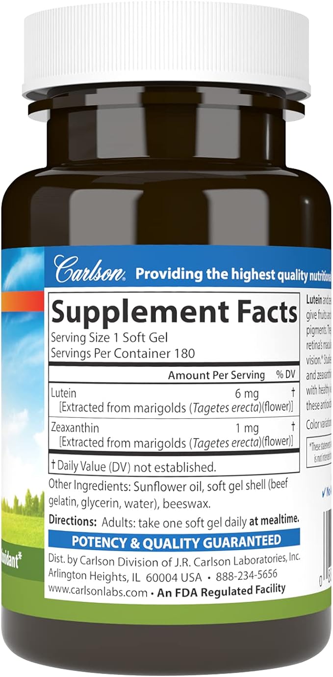 Carlson - Lutein, 6 mg, Healthy Vision & Eye Function, Antioxidant, Lutein Supplements for Eyes, Eye Vitamins with Lutein & Zeaxanthin, 180 Softgels