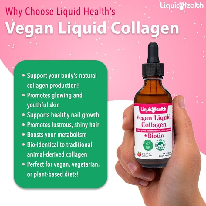 LIQUIDHEALTH 100% Vegan Collagen Plus Biotin 100,000mcg Liquid Drops - Plant-Based Liquid Collagen for Women, Men - Hair & Nail Growth, Skin Health, Boosts Metabolism - Non-GMO, Sugar Free (3 Pack)
