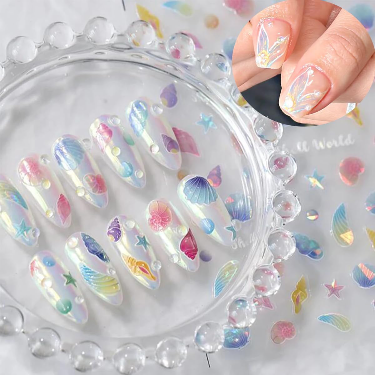 12Pcs Ocean Nail Art Stickers 3D Self Adhesive Summer Nail Stickers Holographic Colorful Shell Starfish Nail Decals Hippocampus Jellyfish Mermaid Cute Nail Art Design Decor Marine Life Nail Supplies