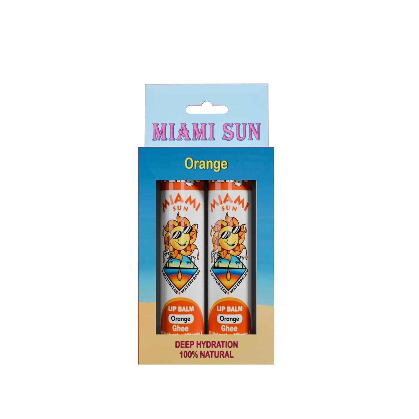Miami Sun Natural Ghee Lip Balm, Hydrating Lip Treatment with Shea Butter & Beeswax, Organic & Non-Toxic, Best for Dry, Chapped Lips - Moisturizing, Healing, Chemical-Free Lip Care (Gift of 2, Orange)