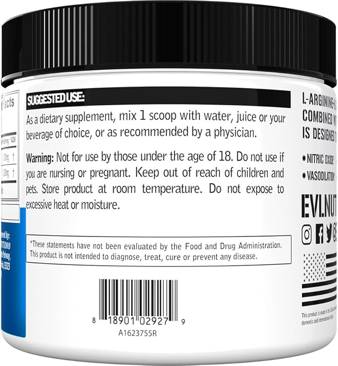 Evlution Nutrition L-Arginine + L-Citrulline - Endurance + Workout Performance Supplement - 2000mg Complex - Vasodilation + Nitric Oxide Support - Vegan + Gluten Free Powder - 75 Servings