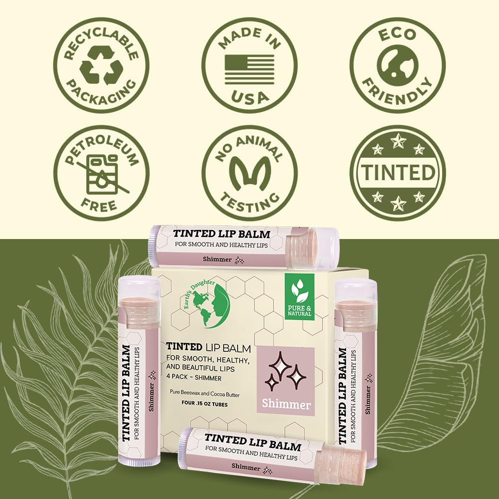 Earth's Daughter Tinted Lip Balm Shimmer 4 Pack, Beeswax, Coconut Oil, Cocoa Butter, Vitamin E, Moisturize and Beautify, Paraben Free