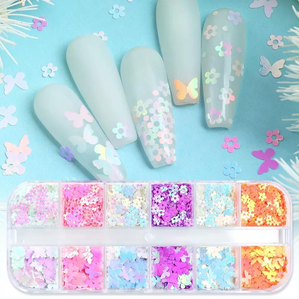 Flower Glitter Nail Sequins,3 Boxes Holographic Flower Heart Nail Art Flakes Pink Purple Glitter Sticker Decals Butterfly Nail Sequins Manicure DIY Spring Decorations 36 Styles