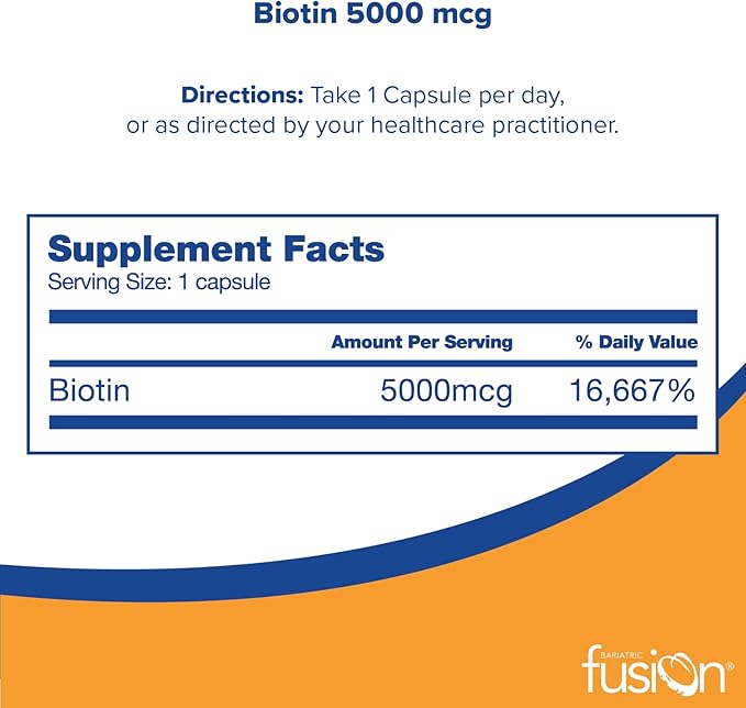 Bariatric Fusion Biotin 5000mcg Vitamin | Easy to Swallow Capsules Biotin Supplement for Hair Growth | 90 Count | 3 Month Supply