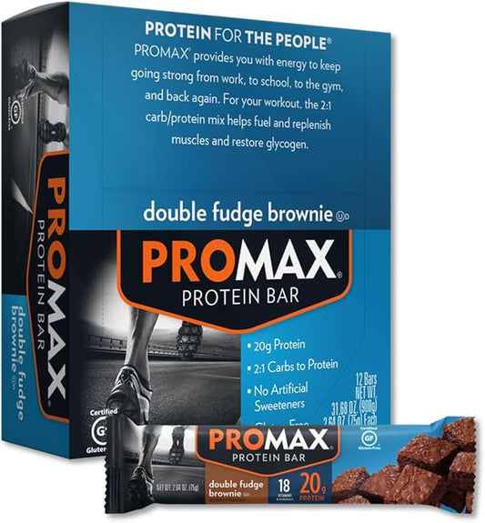 Promax Protein Bar, Double Fudge Brownie, 20g High Protein, Gluten Free, 12 Count