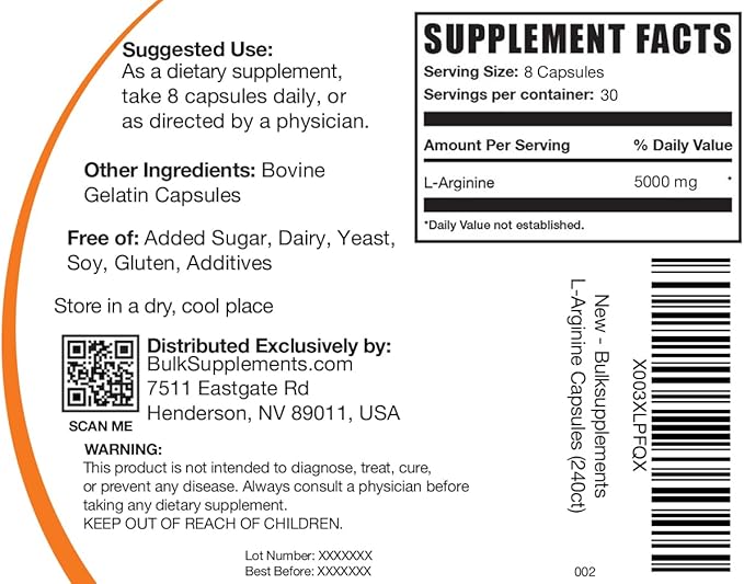 BulkSupplements.com L-Arginine 5000mg Capsules - Arginine Supplement, Nitric Oxide Supplement, L-Arginine Capsules - Gluten Free, 8 Capsules per Serving, 240 Capsules (Pack of 1)