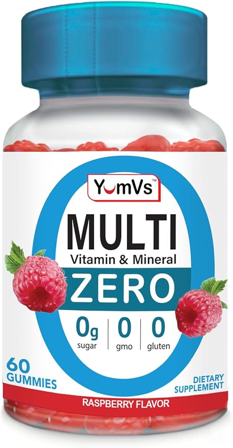 YUM-V'S Multivitamin Zero Gummies by YumVs | Sugar-Free Vitamins Supplement for Women & Men | Chromium, Thiamine, and Magnesium | Natural Raspberry Flavor Chewables - 60 Count