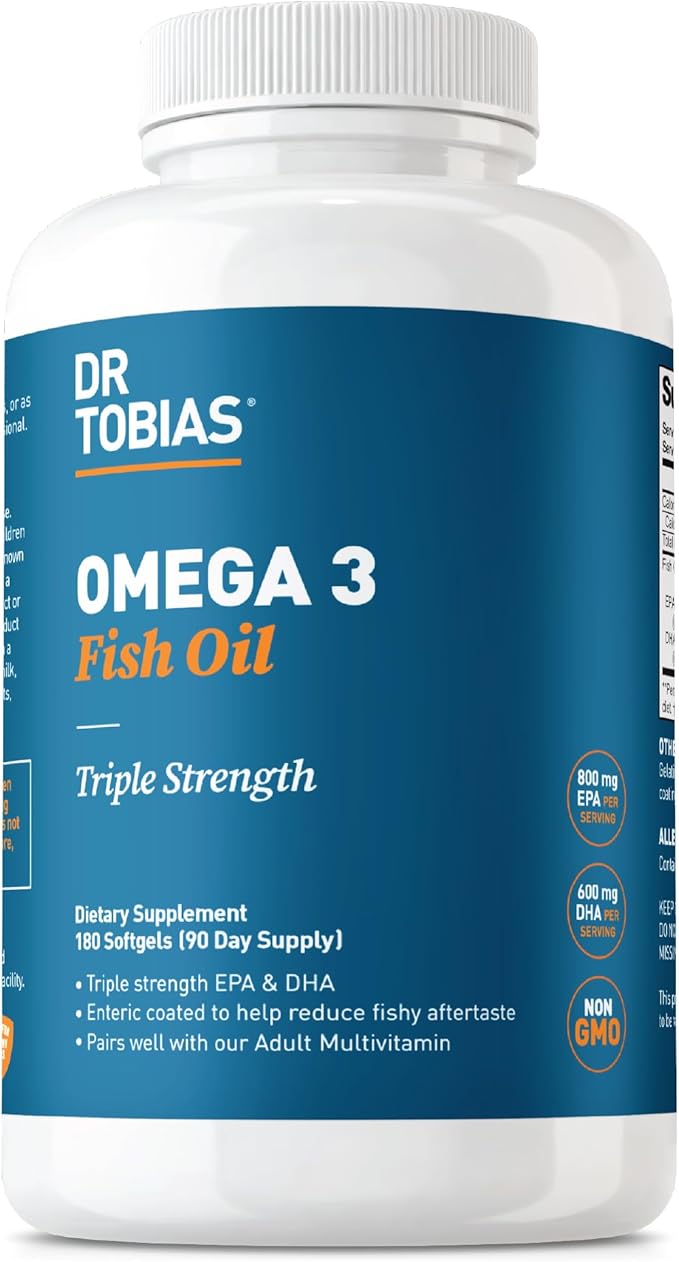 Dr. Tobias Omega 3 Fish Oil, 2000mg Triple Strength Omega 3 Supplement with 800mg EPA 600mg DHA Per Serving, Fish Oil Omega 3 Supplements for Heart, Brain & Immune Support, 180 Softgels, 90 Servings