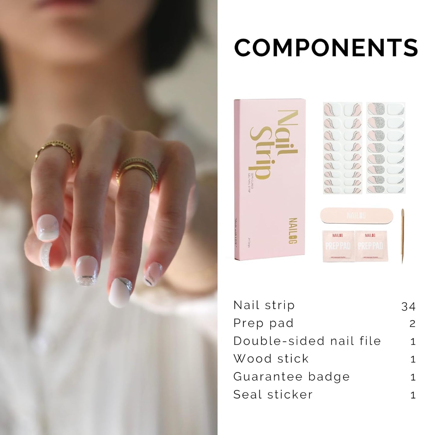 NAILOG Semi Cured Gel Nail Strips 34 pcs| Buy 2 Get 1 UV Lamp | Long Lasting Nail Polish Sticker Wraps with Glossy Gel Finish, Be with You