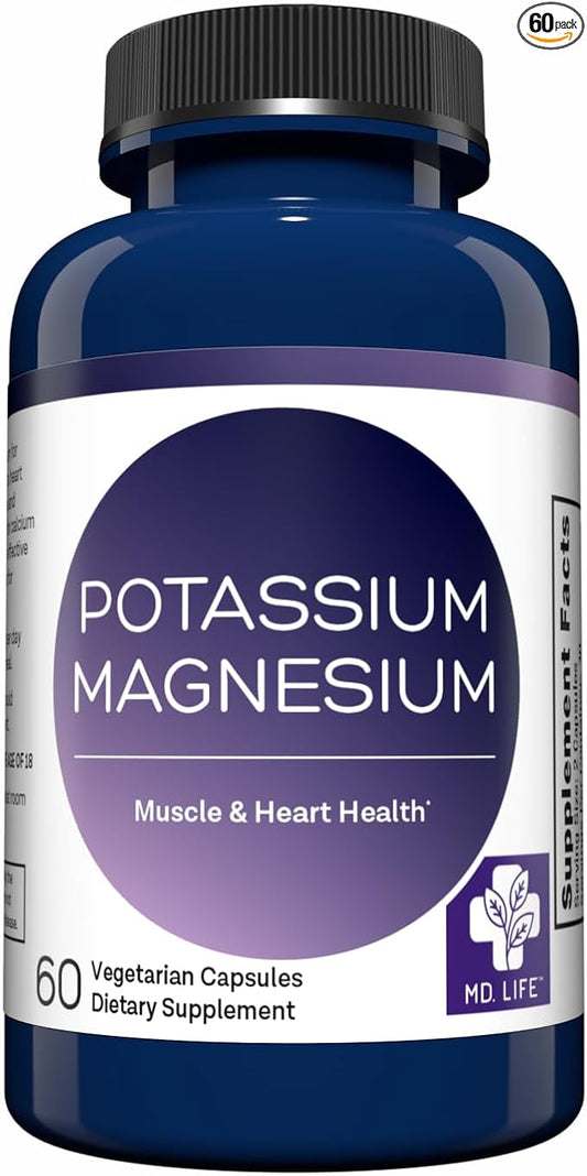 MD. Life Magnesium Potassium Supplement - 60 Capsules - High Absorption Magnesium Complex - Magnesium Supplement to Support Vascular Health & Leg Cramp 60cts