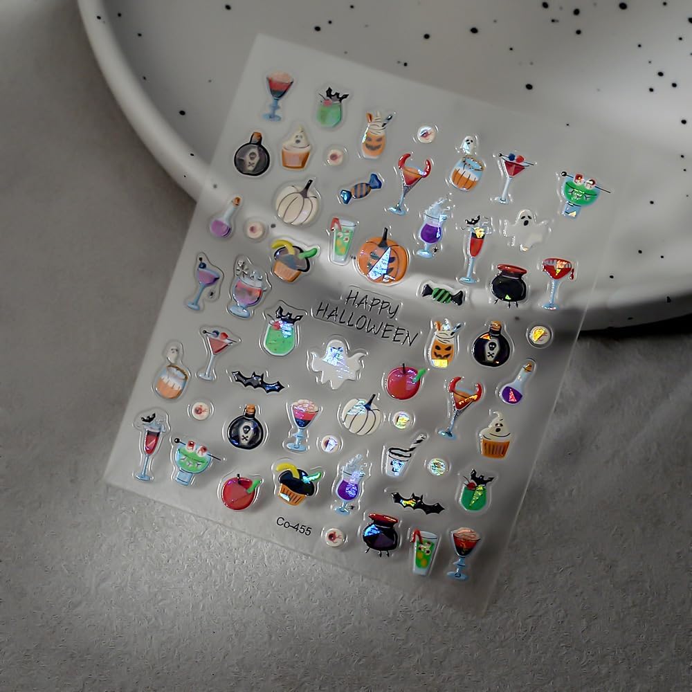 Halloween Nails Stickers Laser Ghost Nails Sticker 3D Embossed Horrible Pumpkin Self Adhesive Sticker Nail Decals Funny Glasses Nail Art Decal Halloween Decals for Nail DIY Manicure 1Sheet