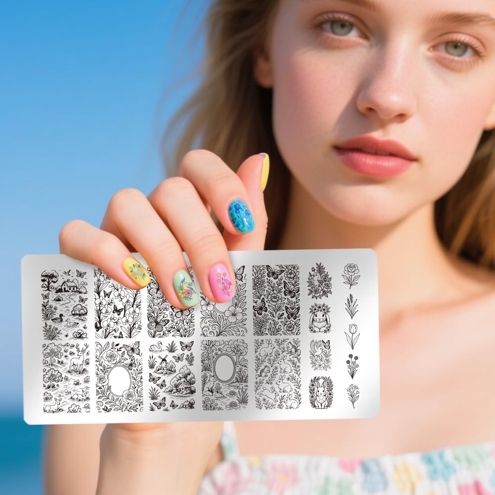 UNICRAFTALE 3Pcs Nail Stamping Plates Nail Stamper Kit with Seal Stamp and Scraper Vintage Garden Flower Dogs Image Stamp Plate Nails Art Tool for DIY Print Manicure Salon Design Gift