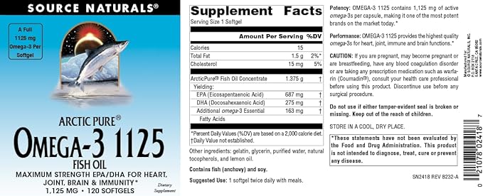 Source Naturals ArcticPure Omega-3 Fish Oil 1125mg Ultra Potency Maximum Strength EPA + DHA for Heart, Joint, Brain & Immune Health - 120 Softgels