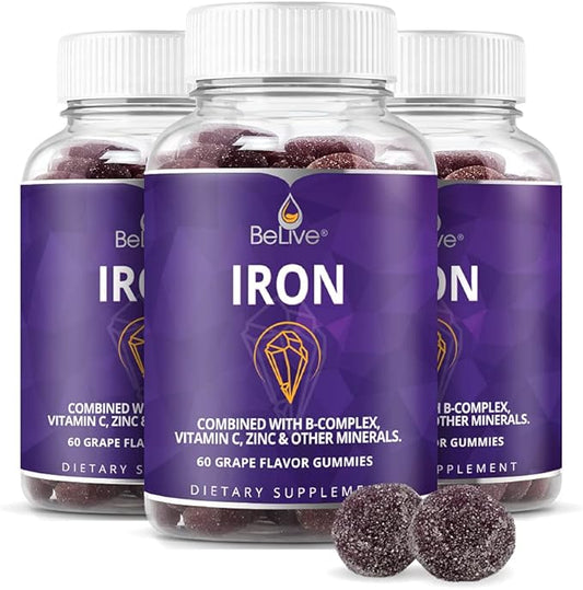 BeLive Iron Gummies - Multivitamin Iron Supplement with Vitamin C, A, B & Zinc, Supports Blood Oxygen, Vegan Iron Supplements for Women, Men & Kids for Growth and Development - Grape Flavor | 3-Pack