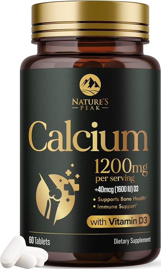 Calcium 1200 mg with Vitamin D3, Calcium Supplement Vitamins, Bone, Teeth & Immune Health Support, Calcium Supplements with D for Women & Men, Nature's Absorbable Calcium Carbonate - 60 Tablets