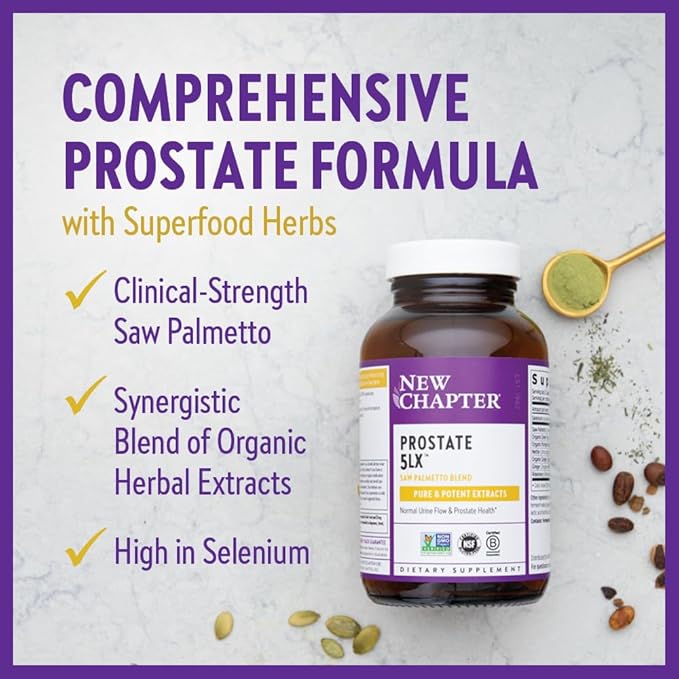 New Chapter Prostate Supplement - Prostate 5LX™ with Clinical Strength Saw Palmetto + Fermented Selenium for Prostate Health - 60 ct Vegetarian Capsule