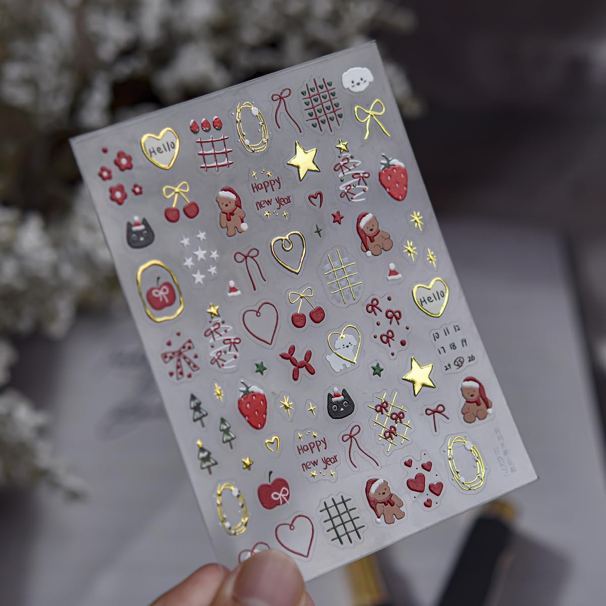 Bear Nail Stickers Christmas Nail Art Stickers Star Nail Decals with Red Gold Design 5d Embossed Self Adhesive Xmas Nails Charms for Women Girls Kid Manicure DIY Decoration
