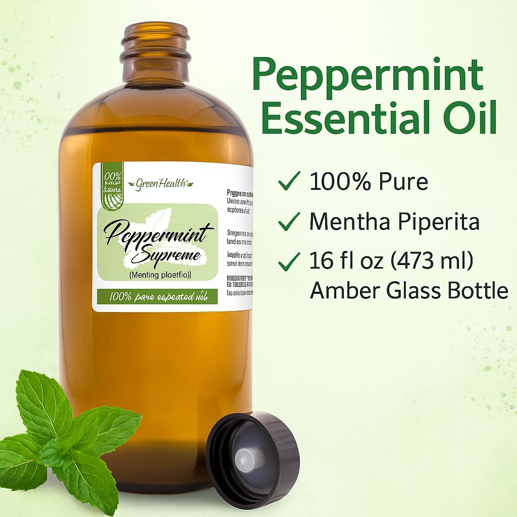 Peppermint Essential Oil (Mentha Piperita) – 16 fl oz (473 ml) Amber Glass Bottle – 100% Pure & Natural Therapeutic Grade Essential Oil by GreenHealth