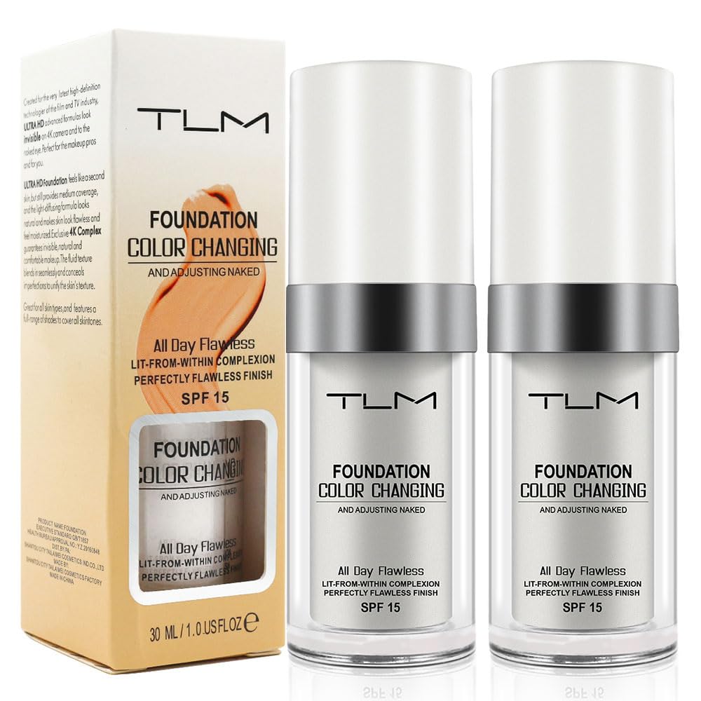 TLM Color Changing Foundation,Nude Makeup Color Changing Concealer,2Pack,All Day Flawless Moisturizing Oil Control Concealer Full Coverage Liquid Foundation Hides Lines