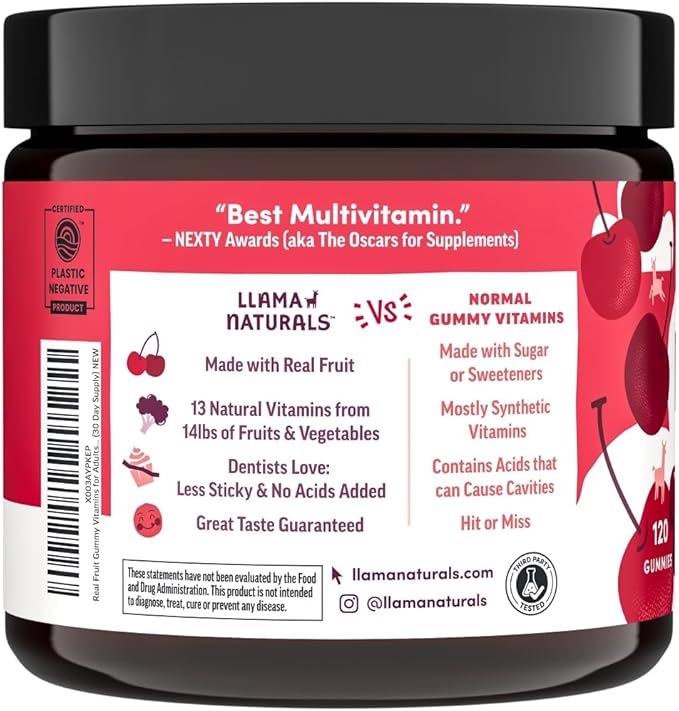 Llama Naturals Real Fruit Gummy Vitamins for Adults | No Added Sugar Cane | Whole Food Multivitamin Gummies | Women + Men | Vegan, Organic, Chewable | 120 ct, 30 Day Supply | Cherry