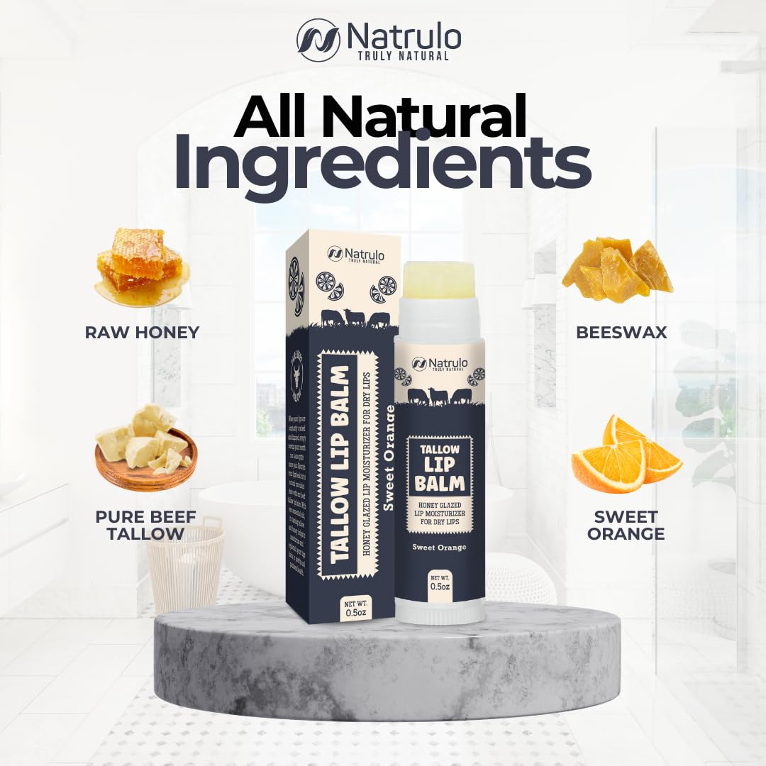 Beef Tallow Lip Balm – Natural Tallow Beeswax Chapstick – Hydrating Moisturizer Grass Fed Tallow Balm Lip Care – Soothes Chapped, Dry Lips, Sensitive Skin – Long Lasting Vitamin Rich USA-Made Orange