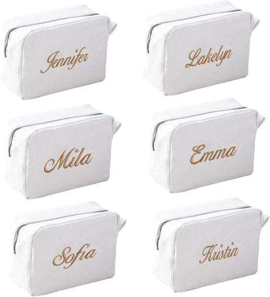 GOPHIE Personalized Embroidered Makeup Bag,Custom Waffle Fabric Cosmetic Pouch for Women, Travel Makeup Pouch (6, White)