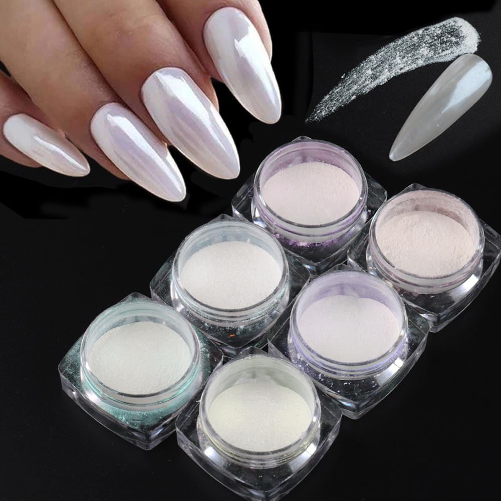 6 Colors Pearl Chrome Nail Powder,Aurora Mermaid Iridescent Powder Set, Metallic Mirror Effect Glitters Pigment for Gel Polish Nail Art Decorations