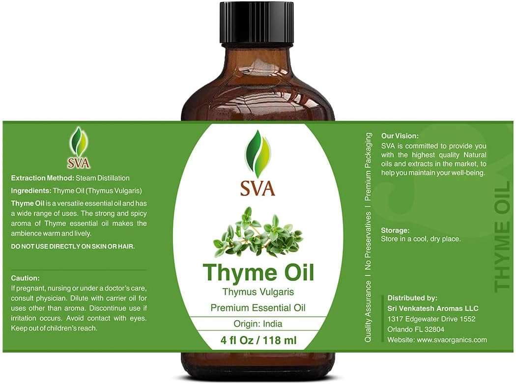 SVA Thyme Essential Oil – 4 Fl Oz – 100% Natural Thyme Oil - for Diffuser, Hair Care, Face, Skin Care, Aromatherapy, Scalp and Body Massage, Soap and Candle Making – with Dropper