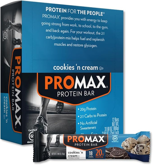 Promax Protein Bar, Cookies 'n Cream, 20g High Protein, Gluten Free, 12 Count