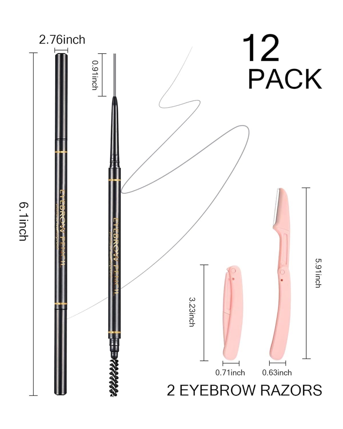 Gray Eyebrow Pencils for Women, 12Pcs Ultra Slim Eyebrow Pencil with 2 Brow Razors Kit, Double Head 1.5mm Micro-Fine Tip & Spiral Brush, Can Draw Fine and Long-Lasting Brows Makeup