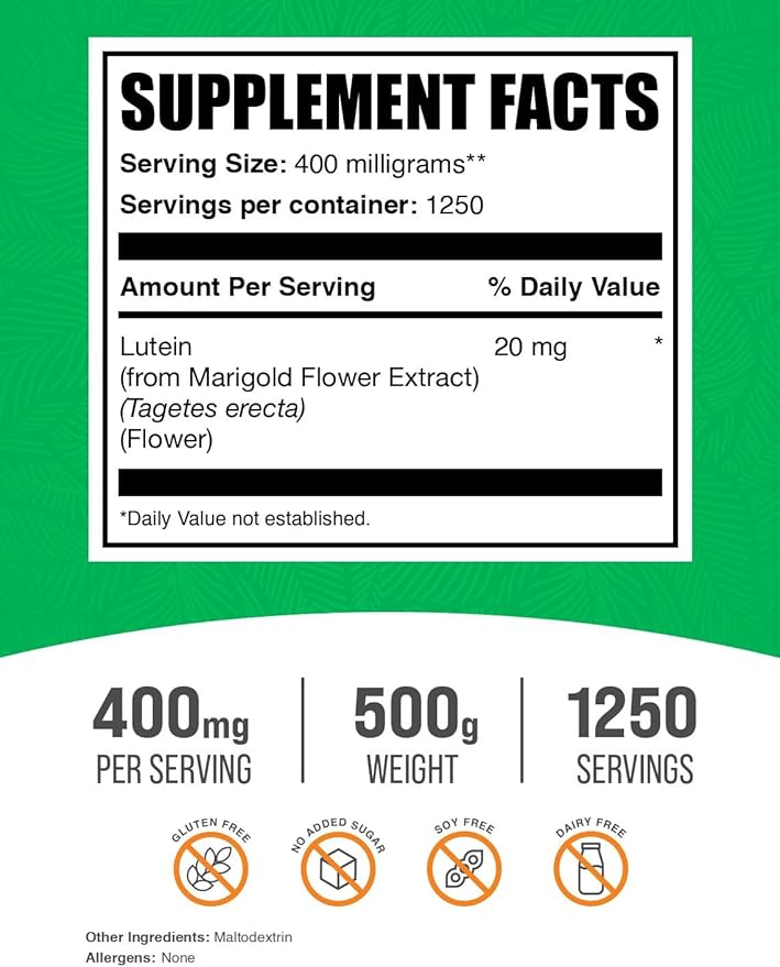 BulkSupplements.com Lutein Powder - from Marigold Flower Extract, Lutein Supplement, Lutein 20mg - Antioxidant Source, Gluten Free, 400mg per Serving, 500g (1.1 lbs) (Pack of 1)