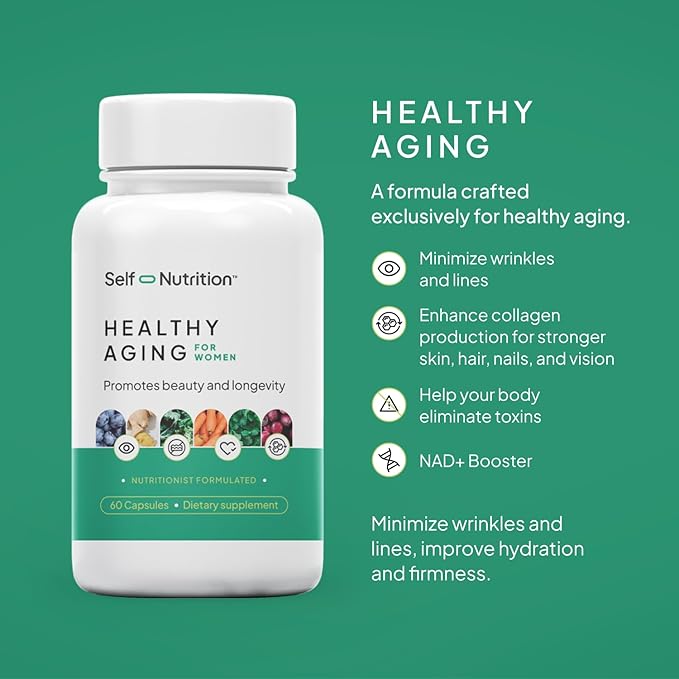 Healthy Aging Supplement for Women with Resveratrol, NAD, Collagen Booster, Biotin and More - Beauty with 12 Ingredients - USA Made, Vegan, 60 Capsules, Nutitionist formulated.