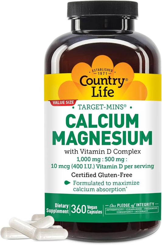 Country Life Target-Mins Calcium Magnesium with Vitamin D-Complex, 1000mg/500mg/10mcg, 360 Vegan Capsules, Certified Gluten Free, Certified Vegan, Verified Non-GMO Verified…