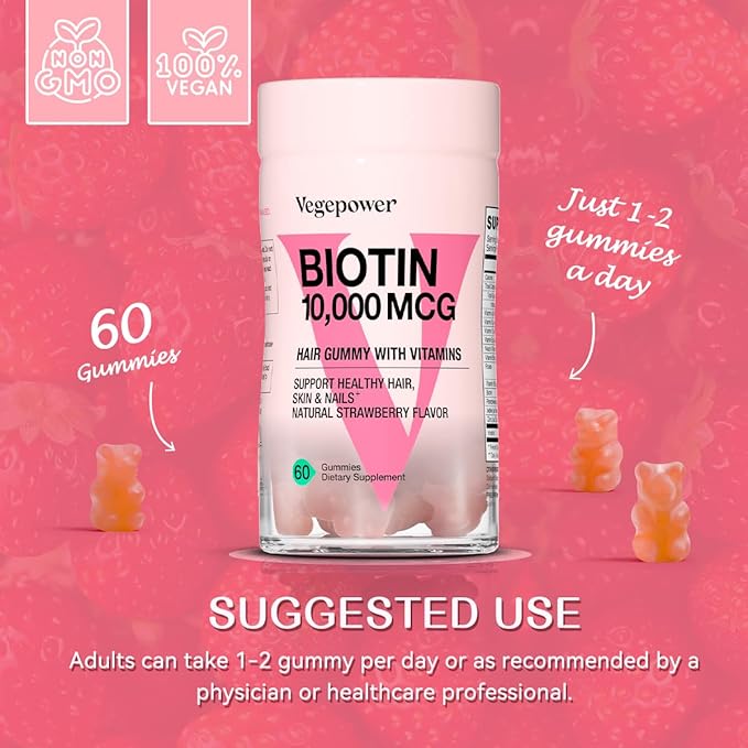 Biotin Gummies 10000mcg Supplements - with Vitamin C, A, D, B-Complex, Folate, Zinc for Women & Girls- Vegan Biotin Hair Growth Gummy for Healthy Hair and Nails, Non-GMO, Strawberry, 120 Bear
