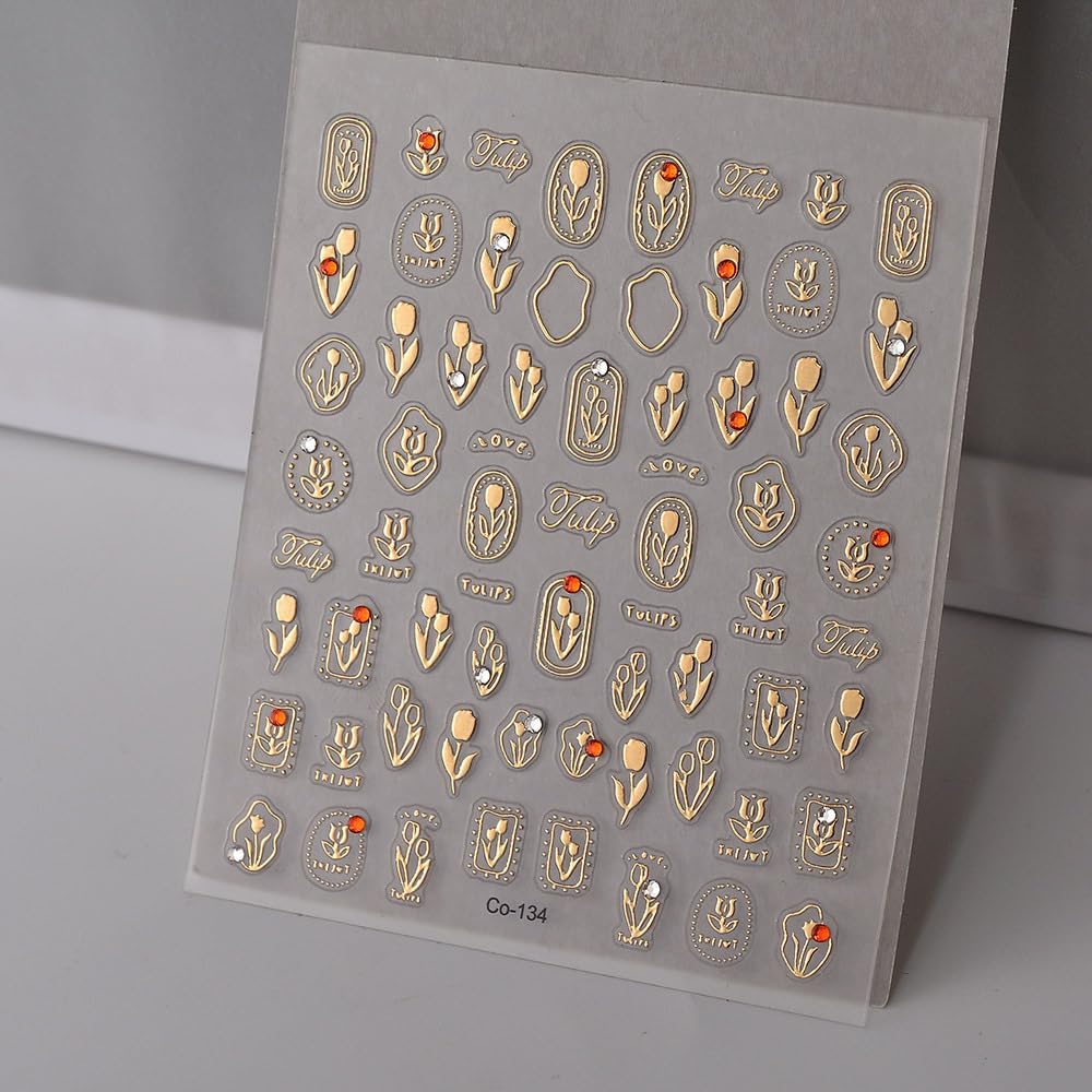 Gold Nail Stickers Flower Nail Decals for Nails Art Tulip Nail Art Stickers with Rhinestone Design 5D Embossed Self Adhesive Nail Decals for Women Girls Kid Manicure DIY Decoration Supply Charms
