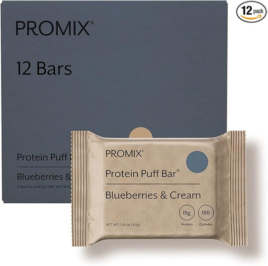 ProMix Protein Puff Bars, 12-Pack - Blueberries & Cream - Marshmallow Crispy Treat - Great Tasting & Healthy On The Go Snack - High Protein & Low Calorie - Non-GMO & Free From Gluten, Soy, & Corn