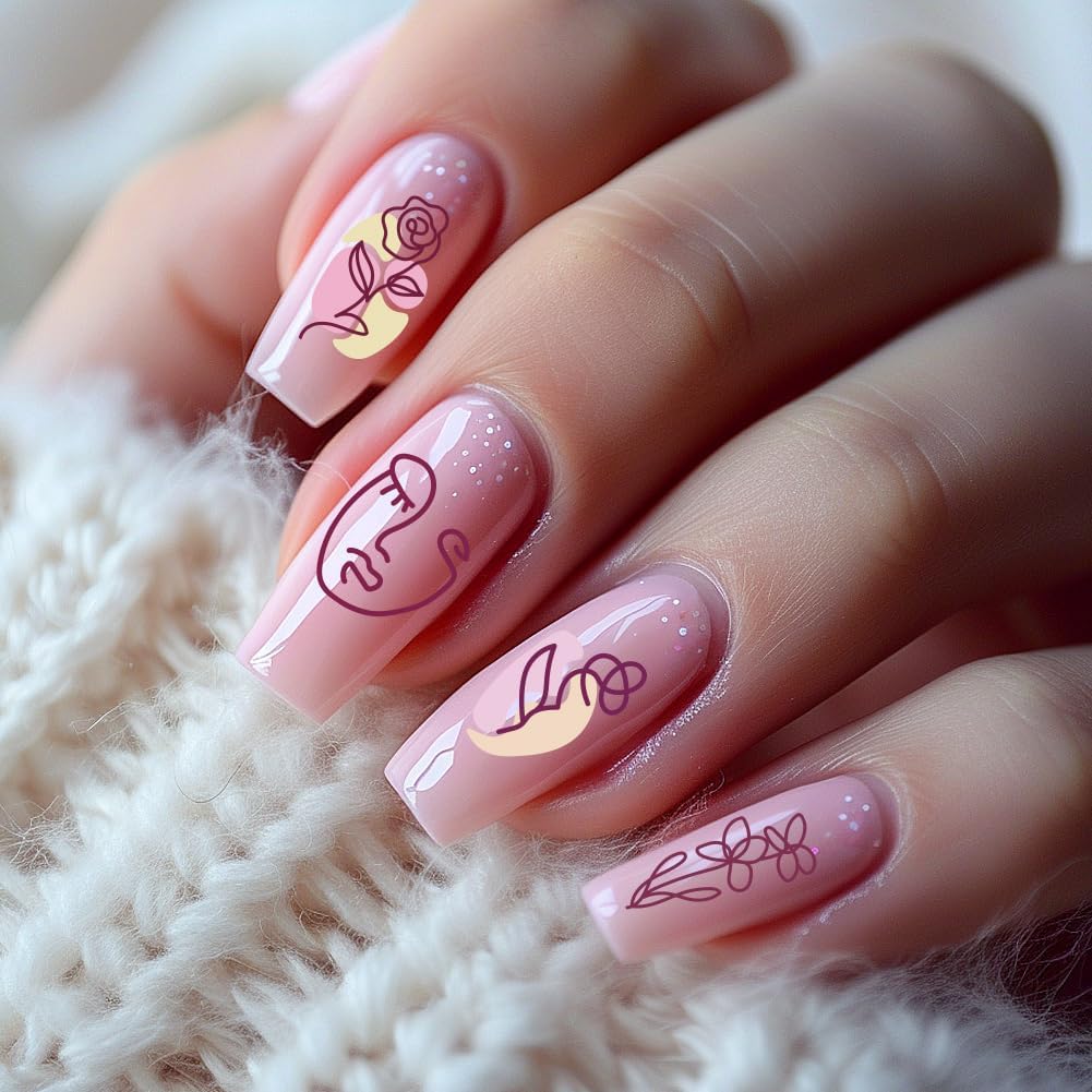 3Pcs Abstract Boho Nail Stamping Plate Set Nail Stamp Templates French Line Tip Lady Face Leaf Floral Metal Reusable Tools with Stamper Scraper for Manicure Printing