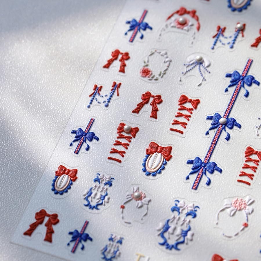 5D Embossed Bows Nail Stickers, Pearl Nail Art Sticker Self-Adhesive Nail Decals for Women Red and Blue Nail Supplies Art Design Stickers (1, Red and Blue)