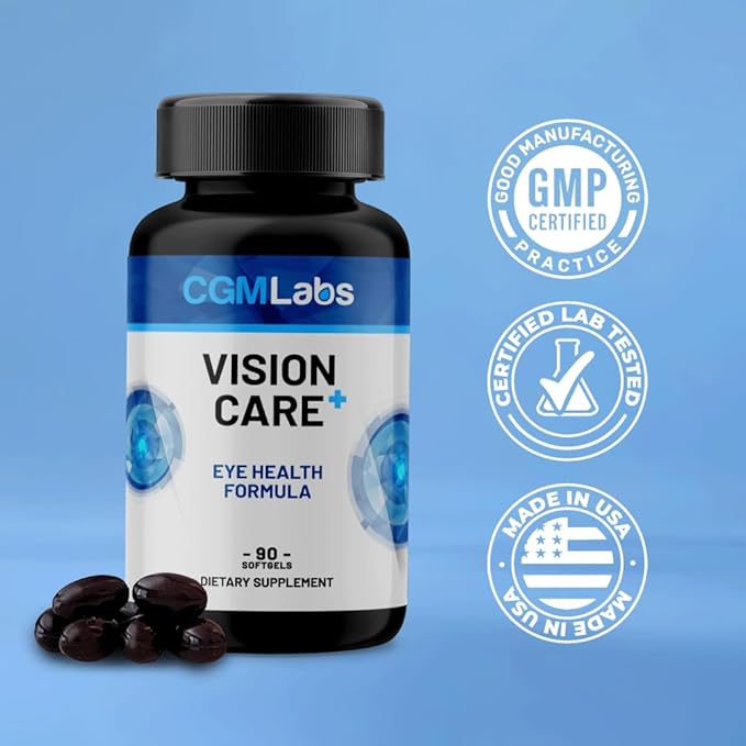 Vison Care Plus - Complete Dietary Supplement for Your Vision- Lutein 20mg, Zeaxanthin, Vitamin A, Bilberry Extract - 90 Softgels by CGM Labs