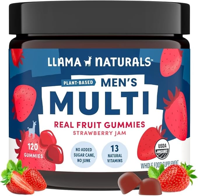 Llama Naturals Real Fruit Gummy Vitamins for Men | No Added Sugar Cane | Whole Food Multivitamin Gummies | Vegan, Organic, Chewable | 120 ct | 30 Day Supply | Strawberry
