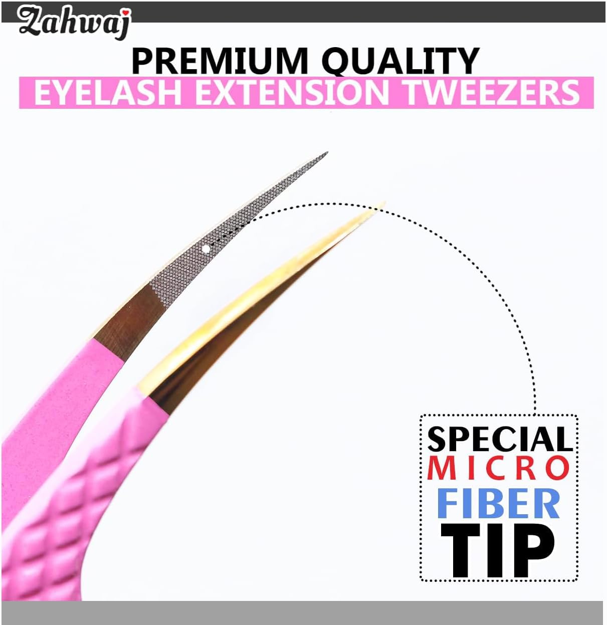 Lash Tweezers - Set of 5 Diamond Grip Eyelash Tweezers - Stainless Steel Professional Fiber Tip Lash Tweezer for Eyelash Extensions (Pink)