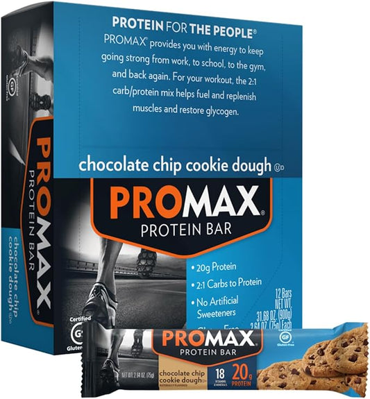 Promax Protein Bar, Chocolate Chip Cookie Dough, 20g High Protein, Gluten Free, 12 Count